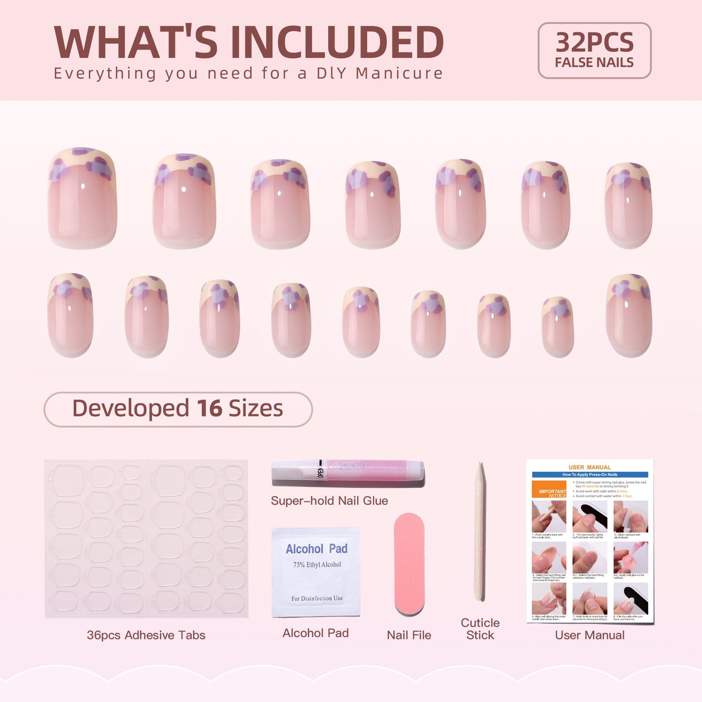 Sale Gel Press On Nails 16 Sizes-32 Pcs Kit XBPH1814