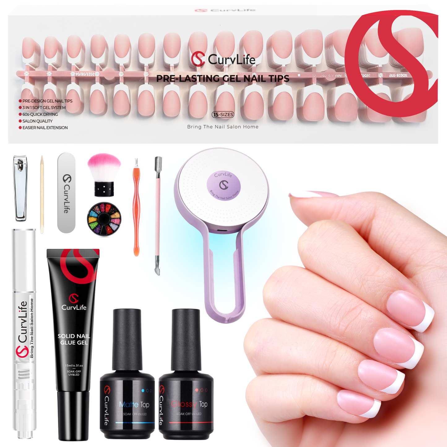 French Tip Kit - Gel Top and Base Coat. UV Lamp Nails Glue Manicure press on nails