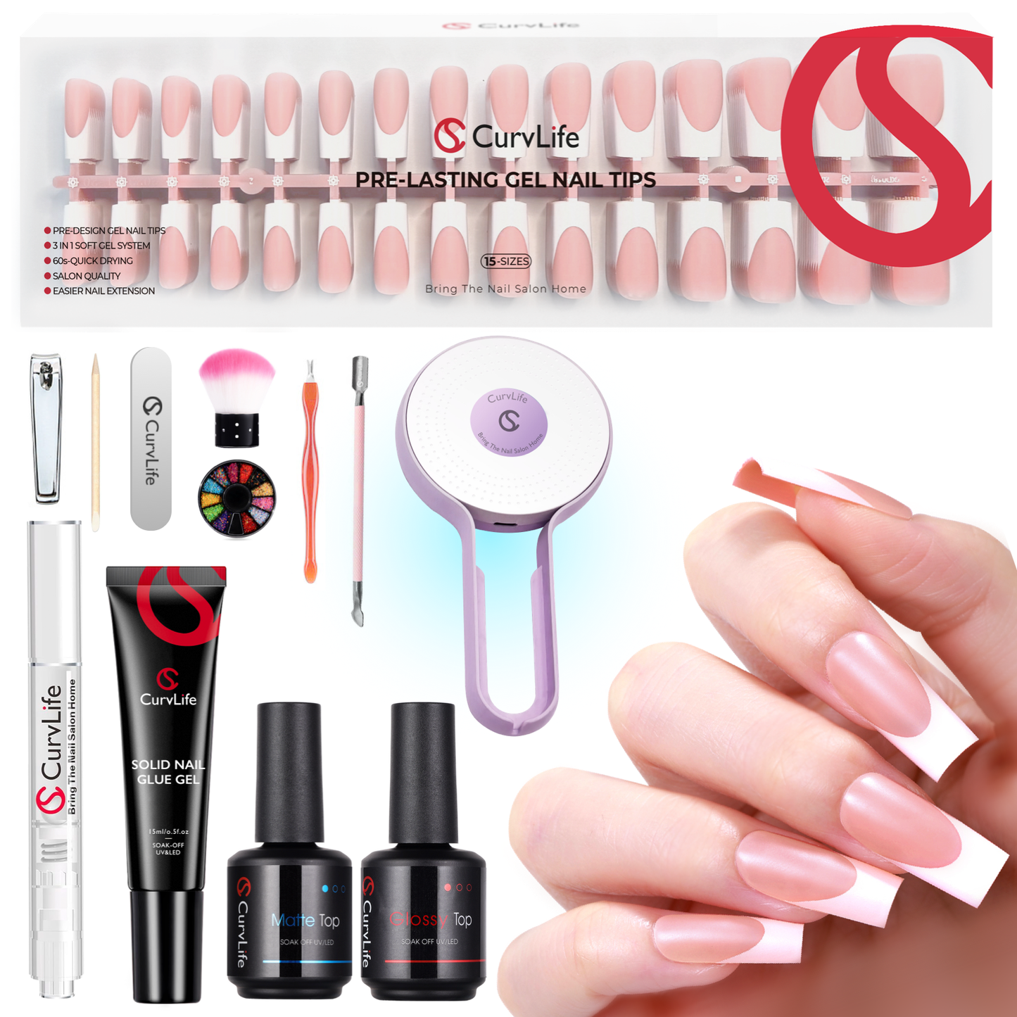 French Tip Kit - Gel Top and Base Coat. UV Lamp Nails Glue Manicure press on nails