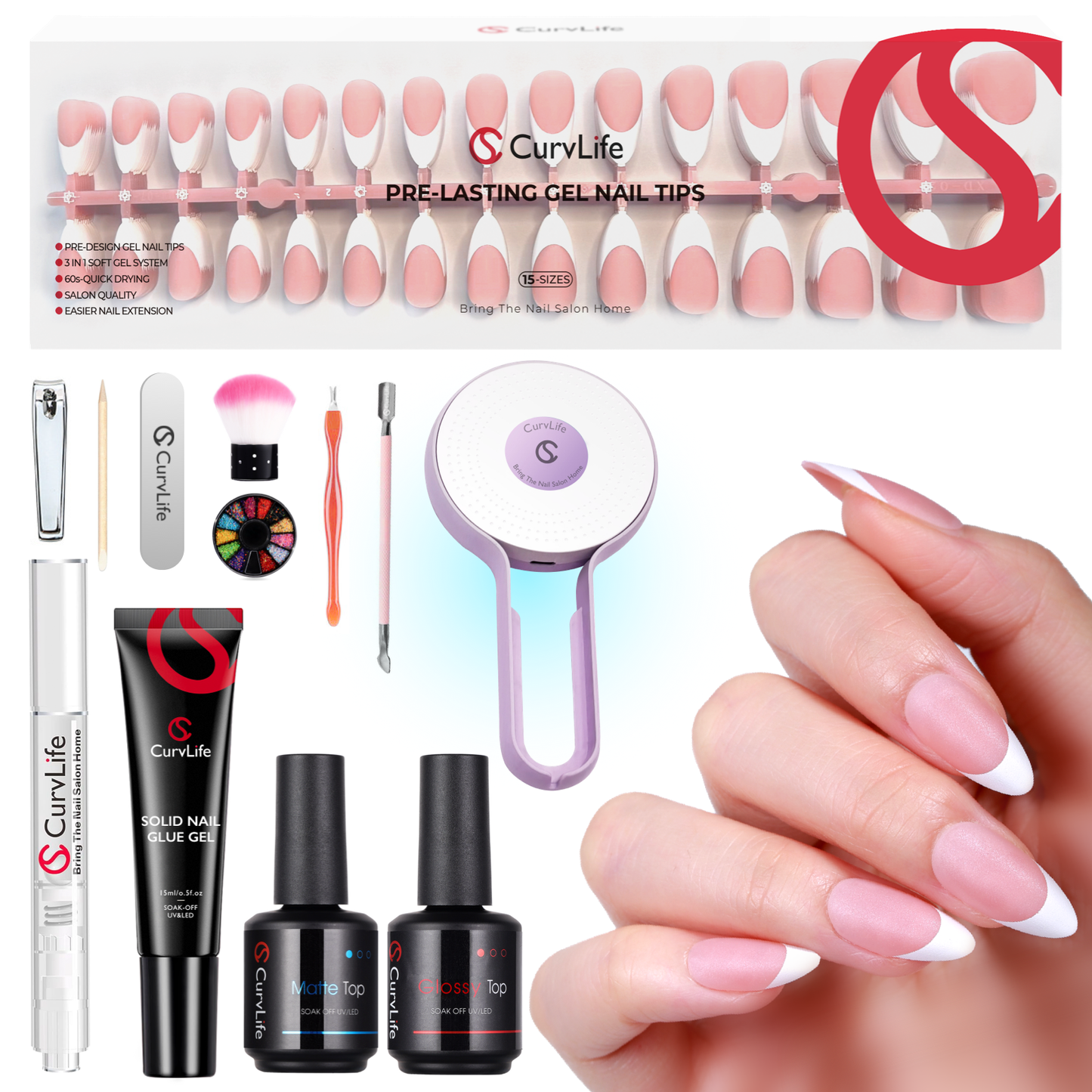 French Tip Kit - Gel Top and Base Coat. UV Lamp Nails Glue Manicure press on nails