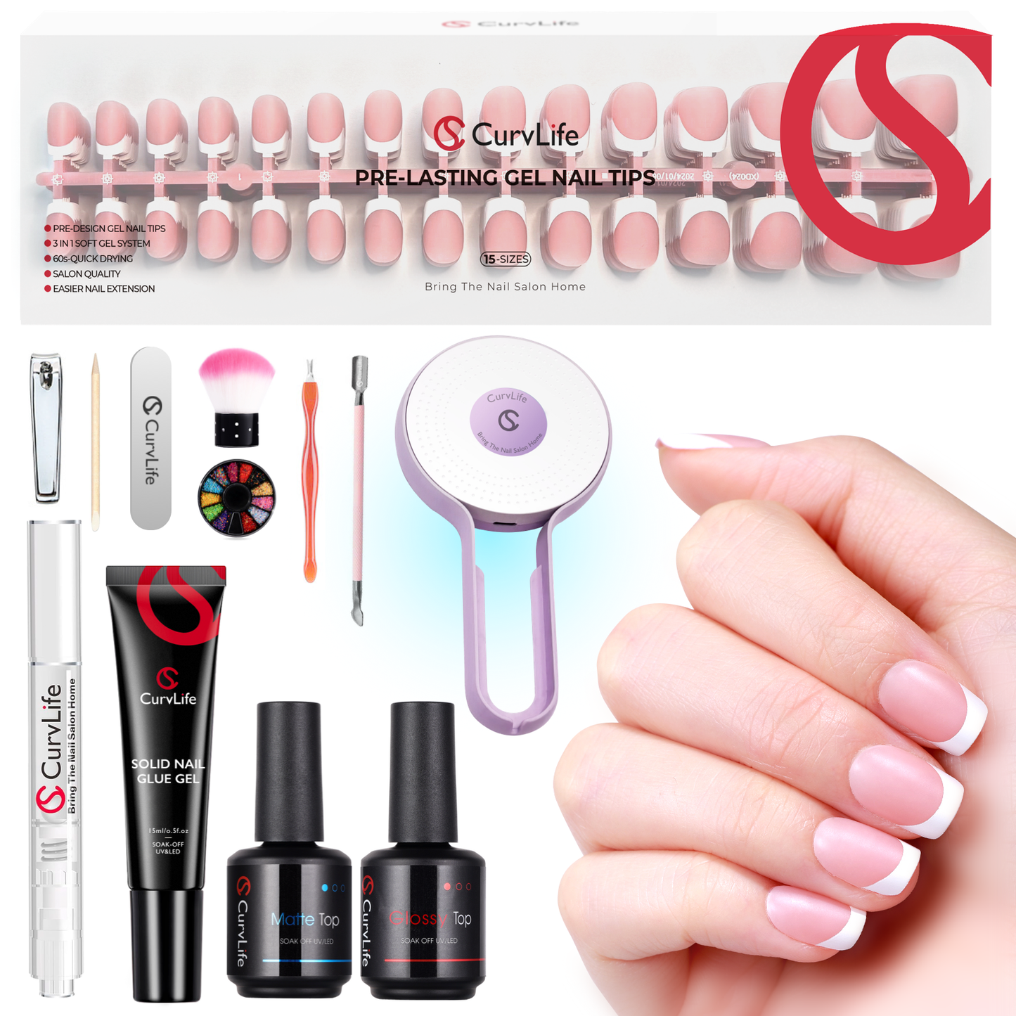 French Tip Kit - Gel Top and Base Coat. UV Lamp Nails Glue Manicure press on nails