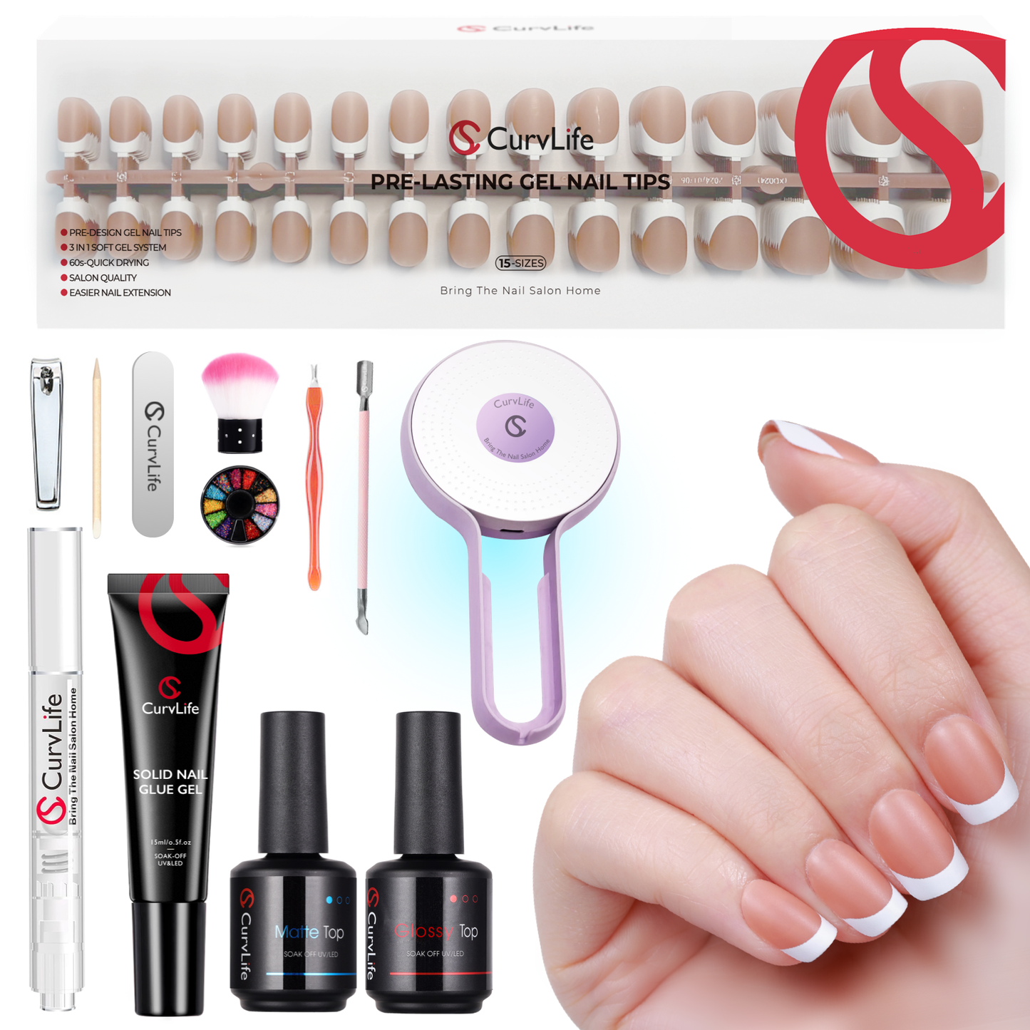 French Tip Kit - Gel Top and Base Coat. UV Lamp Nails Glue Manicure press on nails