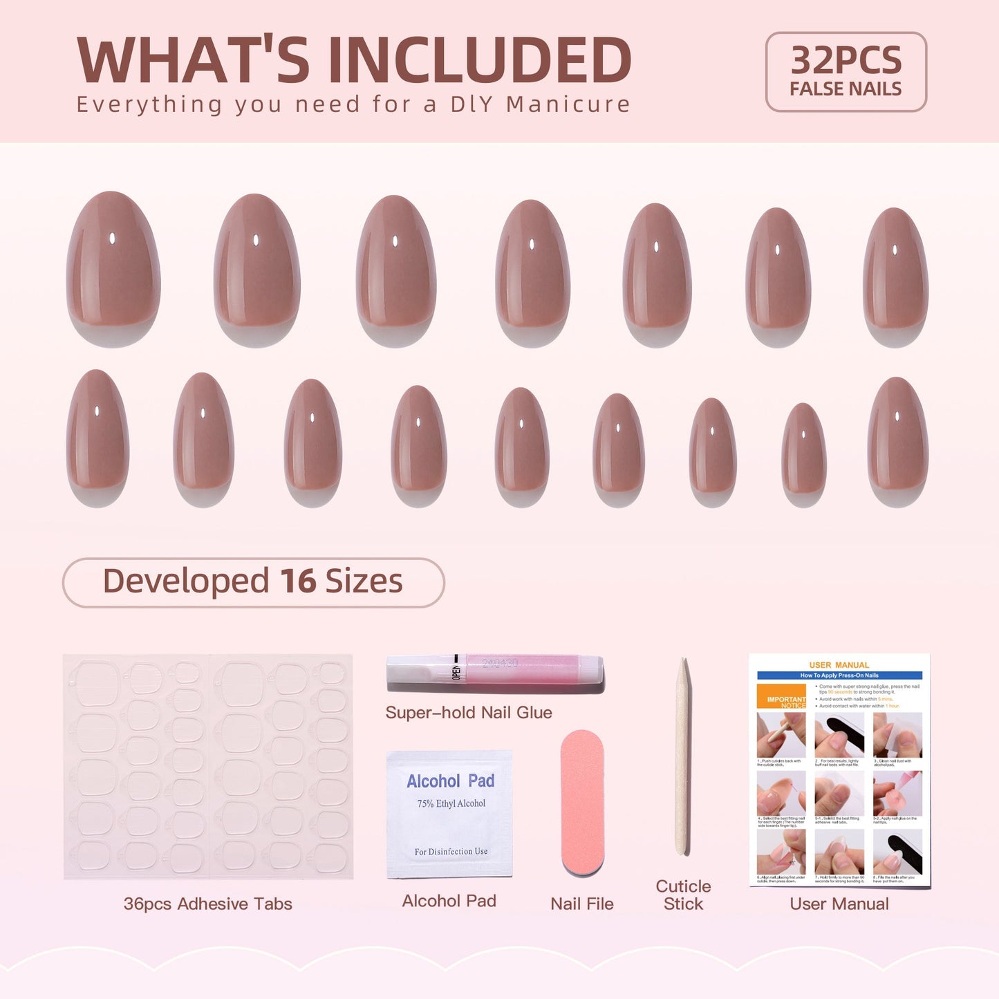 Gel Press On Nails 16 Sizes-32 Pcs Kit A357 MH-3