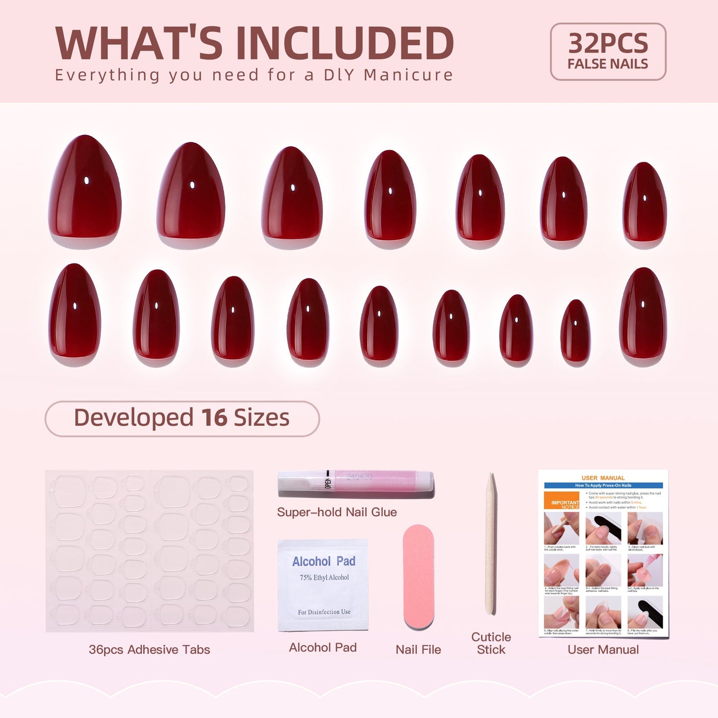 Gel Press On Nails 16 Sizes-32 Pcs Kit A195 MH-3